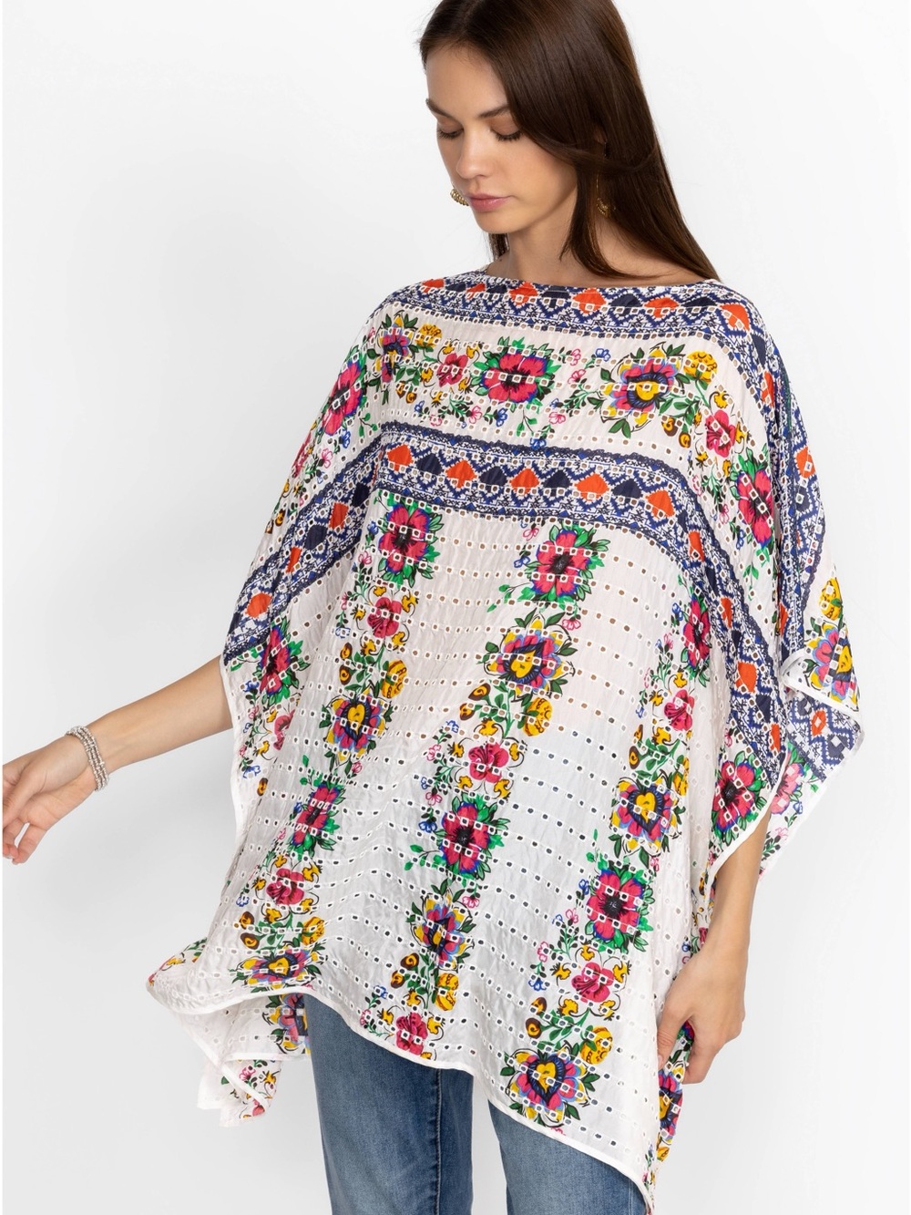 Johnny Was Tana Eyelet Poncho S/M EUC 100% silk top